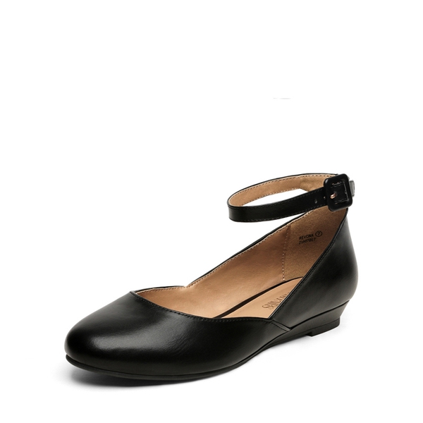 Comfortable Ankle Strap Low Wedge Flats - BLACK PU -  0